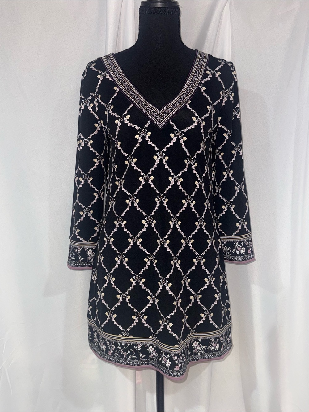 White House Black Market Black & Cream Lattice V-Neck Mini Dress